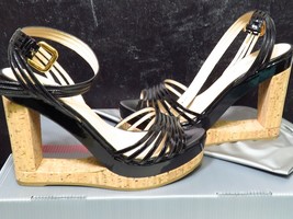 Prada Navarro Women Cut Out Cork High Heel Sling Back Patent Black Size 39.5 - £126.93 GBP