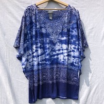 Blue White Tie Dye Knit Top Shirt Catherines Size 2X Rhinestones Flutter Sleeves - £19.70 GBP