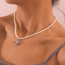 Silver Pearl Choker, Y2k Necklace, Pearl Collar Necklace, Pearl Necklace Star - £11.14 GBP