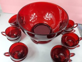 Hocking ROYAL RUBY RED PUNCH BOWL W/BASE &amp; 12 CUPS - £55.07 GBP