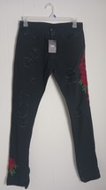 Young And Reckless Black Jeans Size 30 Embroidered Red Roses Distressed ... - $194.51 MXN