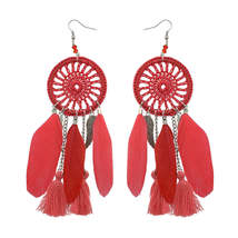 Red &amp; Silver-Plated Wing Dreamcatcher Drop Earrings - £11.98 GBP