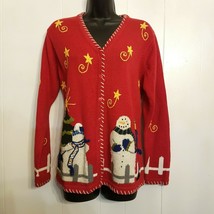 Quacker Factory Christmas SWEATER Red Embroidered Snowman Cardigan size ... - $29.69