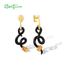 925 Sterling Silver Earrings For Women Yellow Stone Irregular Asymmetric Curved  - £41.71 GBP