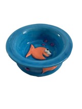 Ceramic Russ Brite Spots Cat Bowl Blue Orange Fish Debby Carman 5&quot; Food Water - £14.86 GBP