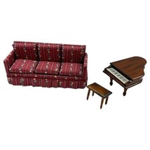 Dollshoppe Sofa Burgundy Floral and Wood Grand Piano Lot 2 Dollhouse Furniture - £33.86 GBP