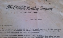 Historic COCA-COLA Bottling Co. Document; Raising Prices In 1960 - £22.38 GBP