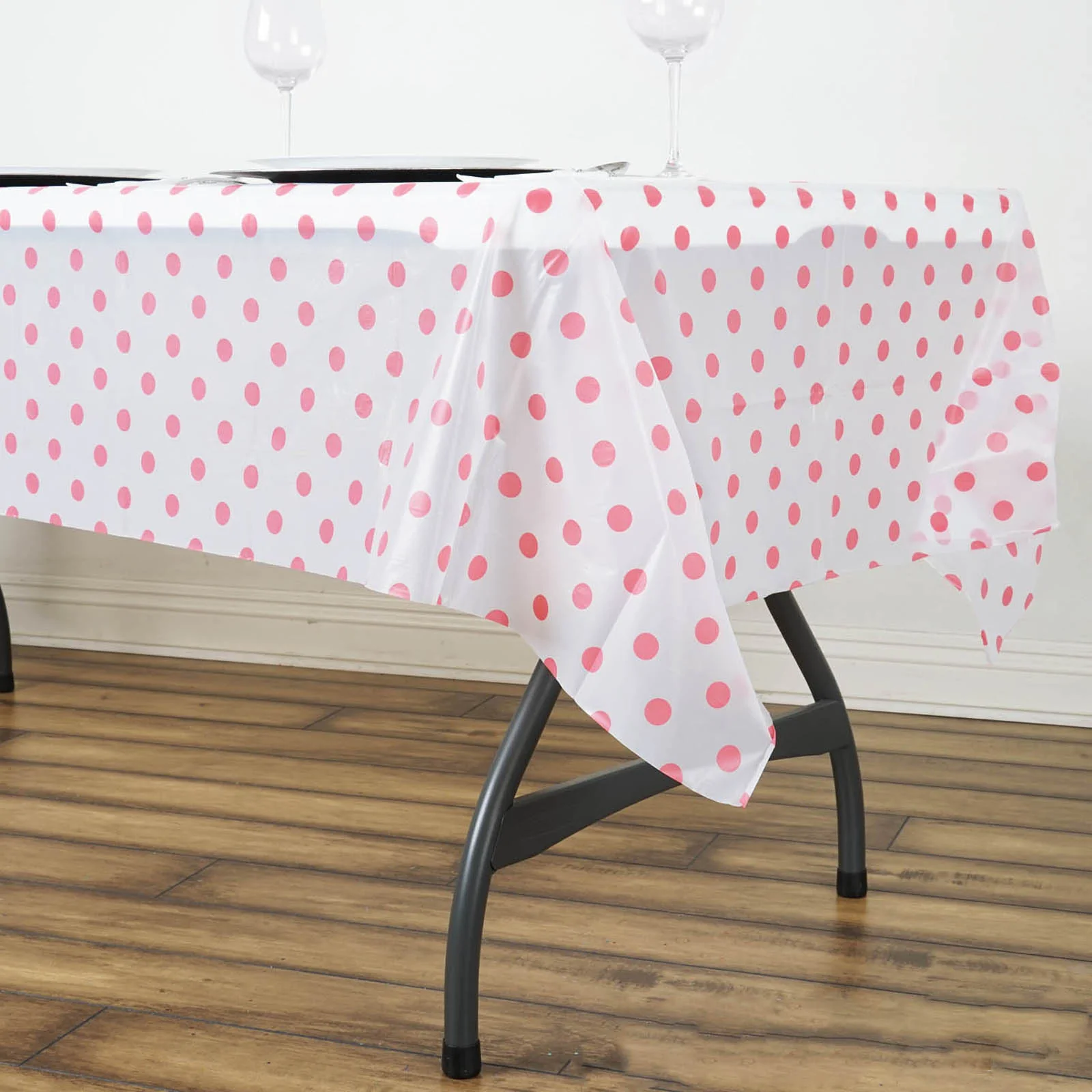 Pink - 108&quot; - 5Pcs Perky Polka Dots Rectangle Disposable Plastic Table Cover - £23.78 GBP