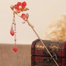 Handcrafted Oriental Red Lotus Golden Hairpin | Traditional Retro Hair S… - £23.18 GBP