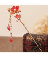 Handcrafted Oriental Red Lotus Golden Hairpin | Traditional Retro Hair S… - $39.75 CAD