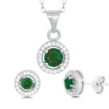 Sterling Silver Round Pendant and Earrings Set w/Chain - Green CZ - £52.01 GBP