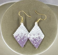 Purple and White Geometric Shaped Beaded Earrings, Seed Bead Earrings,  - £23.68 GBP