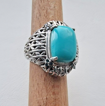 Vintage Large 925 Sterling Silver 14x10 Mm. Turquoise Filigree Ring Size 6 - £60.46 GBP