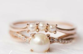 1Ct Round Cut Pearl &amp; Diamond 14K Rose Gold Finish Wedding Bridal Ring Set - £80.36 GBP