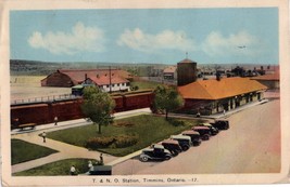 TIMMINS ONTARIO - T &amp; N O RAILWAY STATION - 30&#39;s ERA POSTCARD OLD CARS P... - $21.29