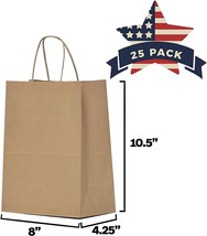 Kraft Paper Gift Bags with Handles - 8x4.25x10.5 25 Pcs Brown Shopping Bags - £11.72 GBP