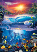 Framed Canvas Art Print Painting Dolphins Sunset Tropical Fish Beach Reef Oc EAN - £31.72 GBP+