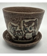 Enesco Japan Mini Flower Pot Planter Owls Tan Drip Glaze w/ Underplate 2... - €27,31 EUR