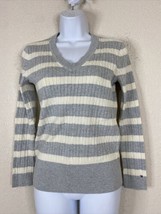 Tommy Hilfiger Womens Size M Gray Striped Knit V-neck Sweater Blouse Long Sleeve - £7.38 GBP