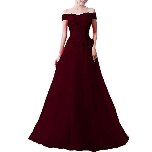 Tulle Beaded Lace Off The Shoulder Long Prom Evening Dresses Burgundy US 16