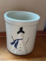 R.R.P. Co. Roseville USA Marked Tan Pottery Crock w Painted Snowman &amp; Snow – 5.2 - $19.39