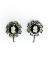 Unsigned 12K Gold Filled Round Black Cameo Earrings Screw Back Clear Rhi... - £10.21 GBP