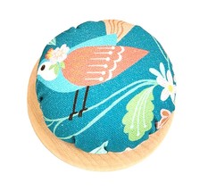 Teal Bird Themed Fabric Pincushion with Wood Base - $111.54 MXN