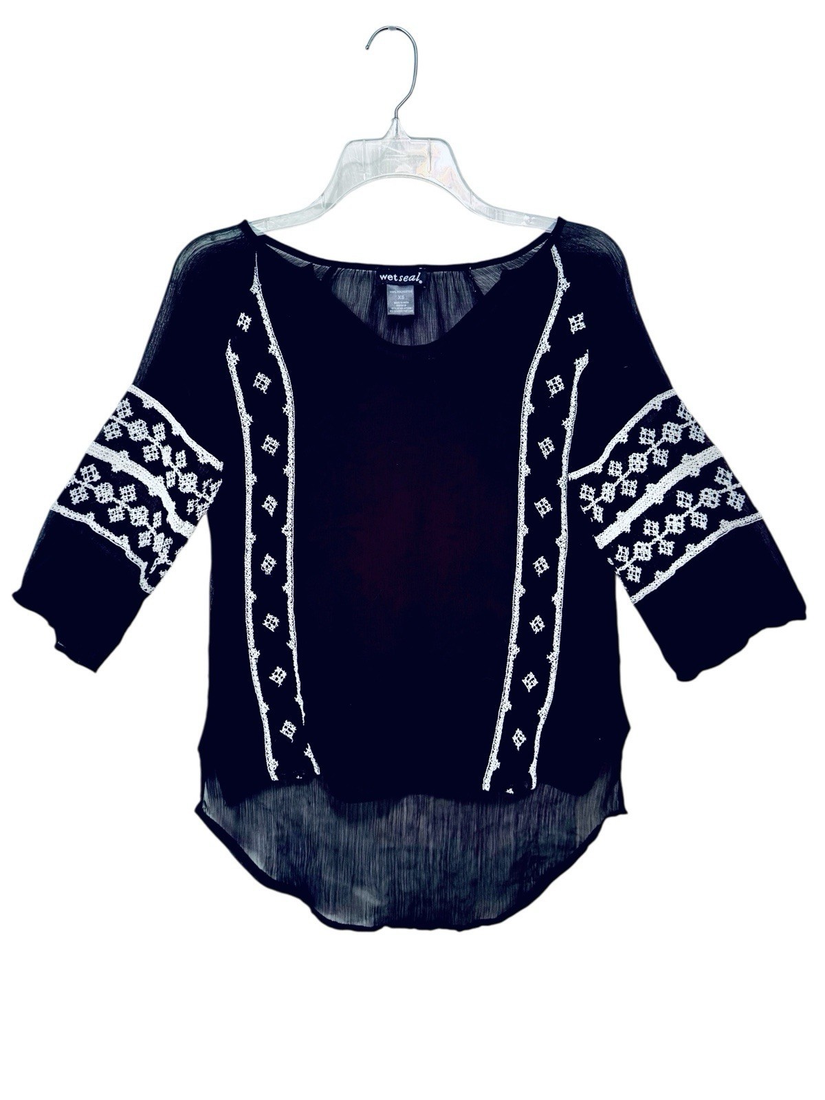 Wet Seal Womens XS Black Sheer Boho Beachy Split V Neck 3/4 Sleeve High ... - $9.95