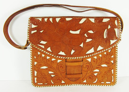 Vintage Hand Tooled Leather Purse Costa Rica Cut Outs White Laced Edges Handmade - £23.80 GBP