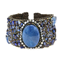 Blue Enchantment Oval Stone Mix Beaded Cuff Bracelet - £19.93 GBP