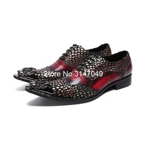 leather shoes men genuine red wedding shoes lace up metal pointed toe print mens - £140.14 GBP