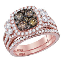 14k Rose Gold Round Brown Diamond Cluster Halo Bridal Wedding Ring Band Set - £2,616.68 GBP