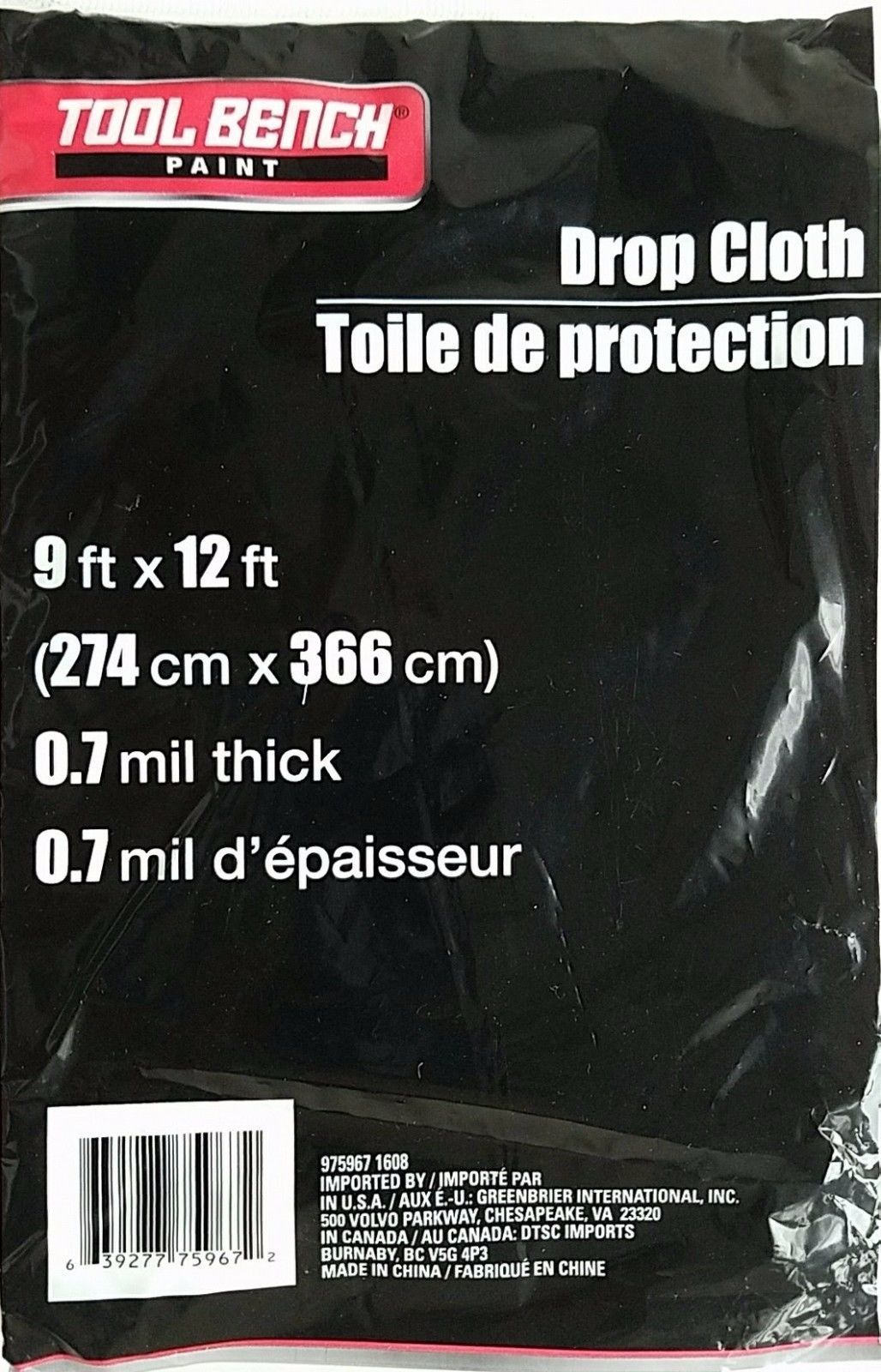 Tool Bench Plastic Drop Cloths, 9&#39; x 12’ x 0.7 mil - $2.96