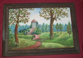 Vtg Oil Board Painting Gazebo Rotunda Garden Orchard Old Greek Temple Folk Art - £63.31 GBP