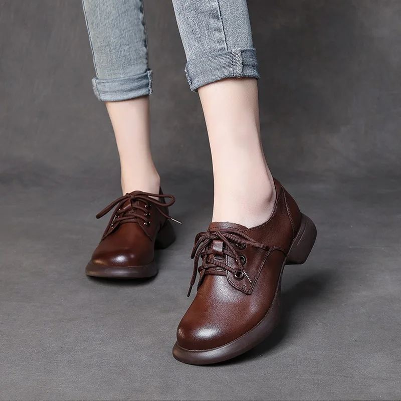 Handmade Retro Women Flat Shoes Round Toe Genuine Leather Soft Rubber So... - $93.27