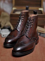 Bespoke Handmade Men&#39;s Brown Color Wing Tip Brogue Pure Leather Lace Up ... - £195.94 GBP