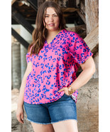 Rose Contrast Leopard Print Plus Size V Neck Blouse - $11.54