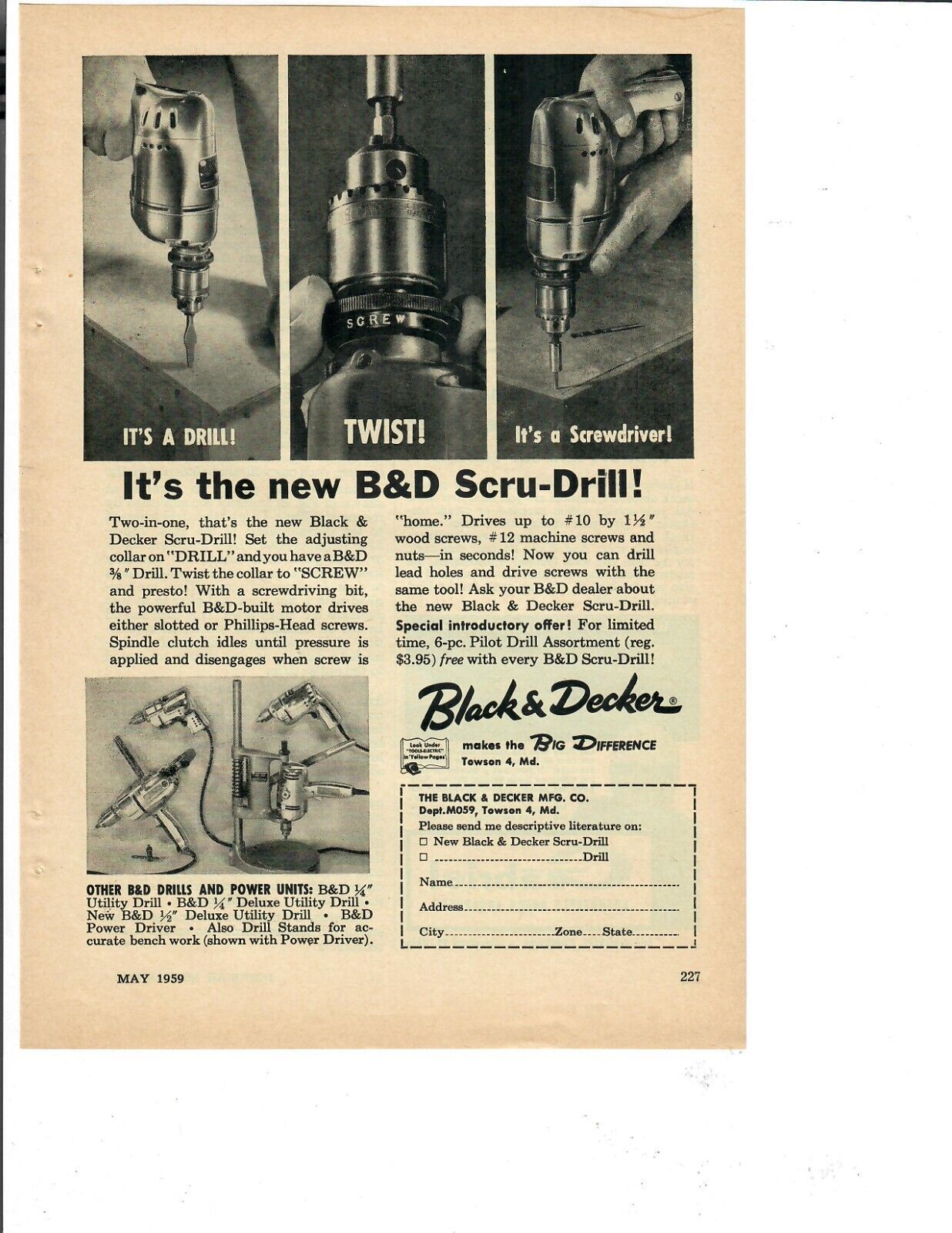 1959 Black & Decker Vintage Print Ad The New B&D Scru-Drill Power Tools - £11.55 GBP