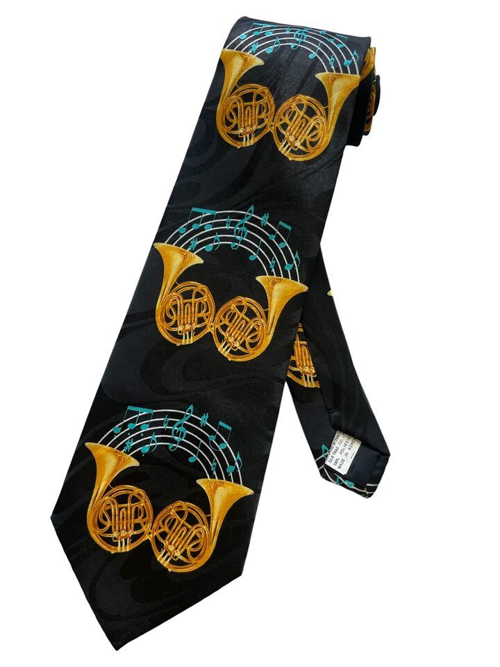 Primary image for Men's French Horn with Music Notes Brass Instrument Necktie | Neck Tie (Black)