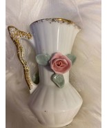 Mini Vintage Lefton China Vase Pitcher Flowers Gold Trim - $15.00