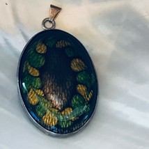 Estate Large 925 Signed Brown w Green &amp; Yellow Enamel Oval in Silver Frame Penda - £25.51 GBP