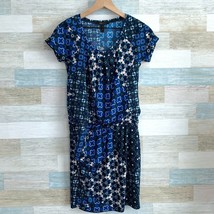 BCBGMaxAzria Blouson Stretchy Knit Dress Blue Abstract Short Sleeve Wome... - £23.73 GBP