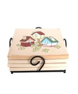 Set of 4 ceramic drink coasters in black metal frame birdhouses theme - $27.34 CAD