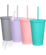 16oz Tumbler with Lid and Straw &amp; Extra Straw Cleaner- 4 Pack Double Wal... - £27.45 GBP