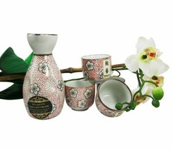 Japanese 7oz Red Polkadots Sakura Cherry Blossoms Sake Flask With Four Cups Set - £19.97 GBP