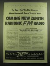 1945 Zenith Radionic FM Radio Ad - The world's clearest most Beautiful - £14.78 GBP