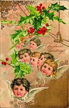Child Angels Gilt Bells Holly Christmas Greetings 1912 Winsch Back DB Postcard - £5.48 GBP