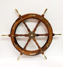 Antique Wooden Maritime Decor 30&quot; Captains Ship Wheel Brass Anchor Wall Hanging  - £118.11 GBP
