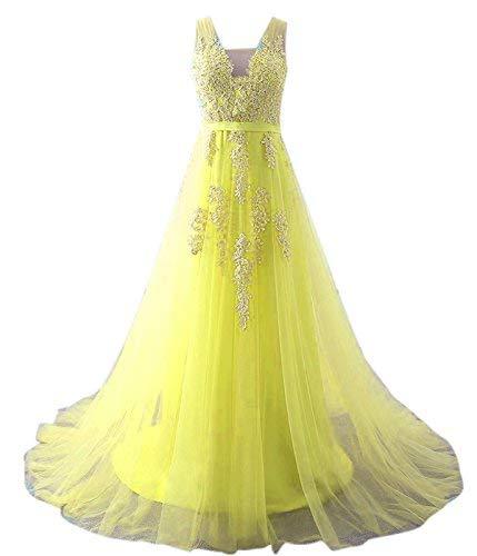 Kivary Plus Size V Neck Beaded Long Prom Dress Formal Evening Gowns Yellow US 16