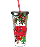 Peanuts Snoopy and Woodstock Christmas 16 oz Glitter Travel Cup with Str... - £11.40 GBP